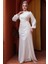 Drape Detaylı Beyaz Tesettür Abiye Elbise 52585B 4