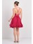 Kadın Kruvaze Yaka Kısa Abiye Elbise 0990237 Vişne 4
