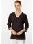 V Yaka Ribanalı Örme Bluz-Kahve 4
