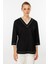 V Yaka Ribanalı Örme Bluz-Siyah 3