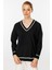 Çizgili V Yaka Triko Bluz-Siyah 2