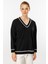 Çizgili V Yaka Triko Bluz-Siyah 5