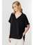 Oversize V Yaka Kısa Kol Bluz-Siyah 4