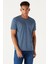 Erkek Indigo Melanj Pamuklu Slim Fit Dar Kesim Bisiklet Yaka Tişört 5