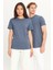 Erkek Indigo Melanj Pamuklu Slim Fit Dar Kesim Bisiklet Yaka Tişört 2