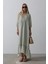 Çizgili Oversize V Yaka Elbise - Haki 2