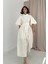 Ekru Pileli Balkon Elbise 1