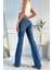Kadın Yüksek Bel Ispanyol Paça Likralı Indigo Jean Pantolon 2