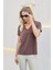 Kadın Ipeksi Modal Penye Esnek Kumaş V Yaka Düşük Omuzlu Kısa Kol T-Shirt Bluz-Kahve 2