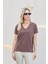 Kadın Ipeksi Modal Penye Esnek Kumaş V Yaka Düşük Omuzlu Kısa Kol T-Shirt Bluz-Kahve 3