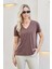 Kadın Ipeksi Modal Penye Esnek Kumaş V Yaka Düşük Omuzlu Kısa Kol T-Shirt Bluz-Kahve 4