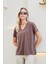 Kadın Ipeksi Modal Penye Esnek Kumaş V Yaka Düşük Omuzlu Kısa Kol T-Shirt Bluz-Kahve 5