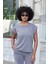 Kadın Modal Ipeksi Likralı Kumaş Geniş Sıfır Yaka Düşük Omuzlu T-Shirt Bluz-Antrasit 3