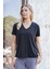 Kadın Ipeksi Modal Penye Esnek Kumaş V Yaka Düşük Omuzlu Kısa Kol T-Shirt Bluz-Siyah 4