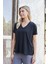 Kadın Ipeksi Modal Penye Esnek Kumaş V Yaka Düşük Omuzlu Kısa Kol T-Shirt Bluz-Siyah 5