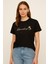 Kadın Siyah Gold Baskılı Yazılı Kısa Kollu Bisiklet Yaka Tişört 2