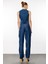 Yüksek Bel Geniş Paça Bol Kesim Koyu Indigo Kadın Denim Pantolon DT10544 3