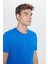 Erkek Saks Mavi %100 Pamuk Slim Fit Dar Kesim Bisiklet Yaka Tişört 8
