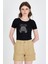 Siyah Ayıcık Baskılı Leopar Detaylı Slim Fit Crop Tişört 0549 1