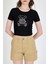 Siyah Ayıcık Baskılı Leopar Detaylı Slim Fit Crop Tişört 0549 4