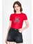 Kırmızı Ayıcık Baskılı Leopar Detaylı Slim Fit Crop Tişört 0549 1