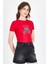 Kırmızı Ayıcık Baskılı Leopar Detaylı Slim Fit Crop Tişört 0549 2