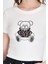 Ekru Ayıcık Baskılı Leopar Detaylı Slim Fit Crop Tişört 0549 4
