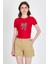 Kırmızı Leopar Fiyonk Baskılı Taş Detaylı Slim Fit Crop Tişört 0549-1 1