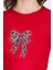 Kırmızı Leopar Fiyonk Baskılı Taş Detaylı Slim Fit Crop Tişört 0549-1 4