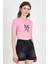 Pembe Leopar Fiyonk Baskılı Taş Detaylı Slim Fit Crop Tişört 0549-1 1
