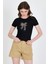 Siyah Leopar Fiyonk Baskılı Taş Detaylı Slim Fit Crop Tişört 0549-1 2