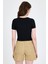 Siyah Leopar Fiyonk Baskılı Taş Detaylı Slim Fit Crop Tişört 0549-1 5