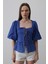 Kare Yaka Balon Kol Bluz - Mavi 1