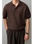 Erkek Kahverengi Çizgili Düğmeli Regular Fit Triko T-Shirt 4