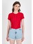 Kırmızı Bisiklet Yaka Taş Işleme Detaylı Slim Fit Crop Tişört 1149 2