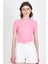 Pembe Bisiklet Yaka Taş Işleme Detaylı Slim Fit Crop Tişört 1149 2