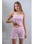 Kadın Askılı Şortlu Dantel Detaylı Çizgili Pijama Takımı Pembe Beyaz - 2031 6