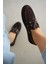 Lossy Hakiki Deri Bağcık Detayı Kadın Loafer- Acı Kahve 4