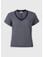 Kadın Lacivert Beyaz Çizgili V Yaka Kısa Kollu Örme T-Shirt, Bluz 5
