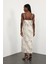 Bej Kuşaklı Desenli Maxi Boy Elbise 17378 4