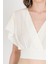 Beyaz Keten Görünümlü %100 Pamuk Fırfır Kol Detaylı Crop Bluz 6942 4