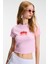 Novelle Kadın Bisiklet Yaka Kısa Kollu Önü Baskılı Crop Pembe T-Shirt 1