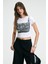 Seraya Kadın Bisiklet Yaka Kısa Kollu Önü Baskılı Crop Beyaz T-Shirt 1