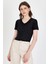 Siyah Taş Işleme Detaylı V Yaka Slim Fit Tişört 0949 1