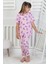%100 Pamuk Pembe Desenli Kısa Kollu Manşetli Paça Kız Çocuk Pijama Takımı 3-8 Yaş 1