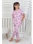 %100 Pamuk Pembe Desenli Kısa Kollu Manşetli Paça Kız Çocuk Pijama Takımı 3-8 Yaş 2