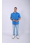 Unisex Polo Yaka Düz Mavi Oversize T-Shirt 1
