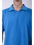 Unisex Polo Yaka Düz Mavi Oversize T-Shirt 4