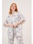 Kadın Mavi Çiçek Desenli Kimono ve Pantolon Takım - Iki Parça 3