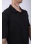 Unisex Polo Yaka Düz Siyah Oversize T-Shirt 3